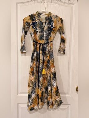 Indian Brand Sarrah Embroidered Mustard and Navy Maxi Dress with Waist Tie